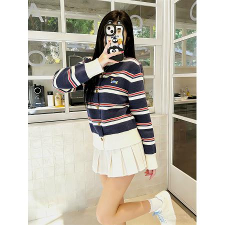 FA51758# 设计感小众拼色条纹针织开衫上衣秋季刺绣毛衣外套 服裝批發女裝批發服飾貨源