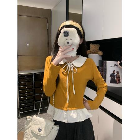 FA51759# 甜美拼色娃娃领系带T恤女冬收腰荷叶边下摆开衫上衣 服裝批發女裝批發服飾貨源