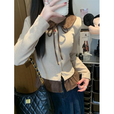 FA51759# 甜美拼色娃娃领系带T恤女冬收腰荷叶边下摆开衫上衣 服裝批發女裝批發服飾貨源