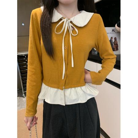 FA51759# 甜美拼色娃娃领系带T恤女冬收腰荷叶边下摆开衫上衣 服裝批發女裝批發服飾貨源