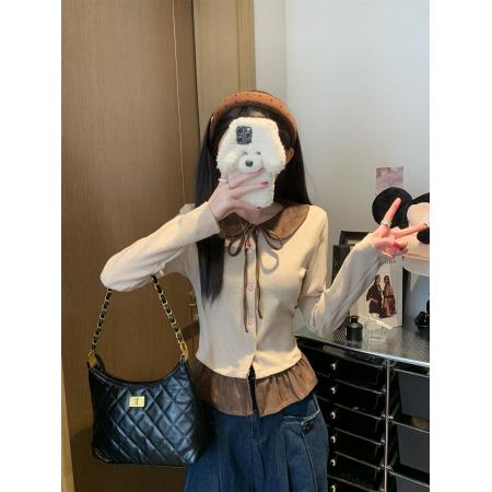 FA51759# 甜美拼色娃娃领系带T恤女冬收腰荷叶边下摆开衫上衣 服裝批發女裝批發服飾貨源