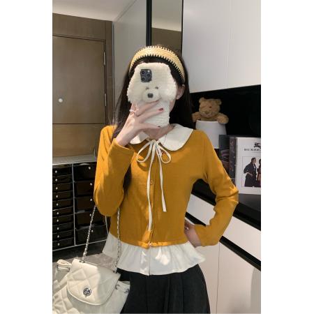 FA51759# 甜美拼色娃娃领系带T恤女冬收腰荷叶边下摆开衫上衣 服裝批發女裝批發服飾貨源