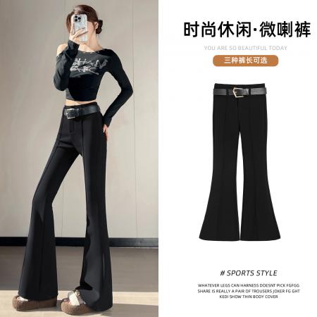 FA51760# 秋冬加厚皮带配饰高腰显瘦设计感微喇弹力微喇叭马蹄裤 服裝批發女裝批發服飾貨源