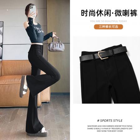 FA51760# 秋冬加厚皮带配饰高腰显瘦设计感微喇弹力微喇叭马蹄裤 服裝批發女裝批發服飾貨源
