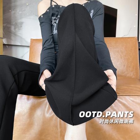 FA51760# 秋冬加厚皮带配饰高腰显瘦设计感微喇弹力微喇叭马蹄裤 服裝批發女裝批發服飾貨源