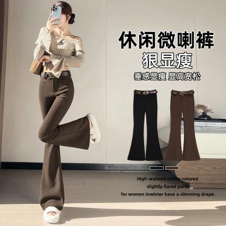 FA51761# 秋冬加绒保暖复古辣妹皮带高弹微喇裤显瘦高腰小个子马蹄裤 服裝批發女裝批發服飾貨源