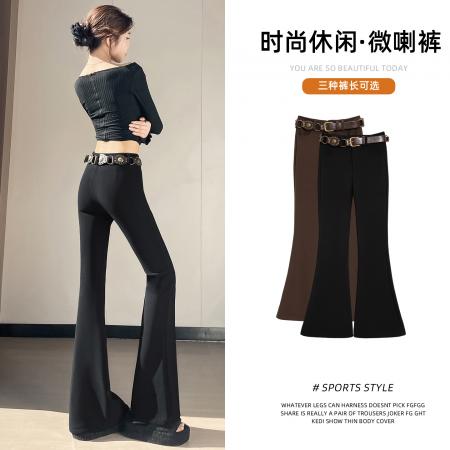 FA51761# 秋冬加绒保暖复古辣妹皮带高弹微喇裤显瘦高腰小个子马蹄裤 服裝批發女裝批發服飾貨源