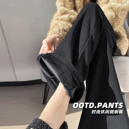 FA51761# 秋冬加绒保暖复古辣妹皮带高弹微喇裤显瘦高腰小个子马蹄裤 服裝批發女裝批發服飾貨源