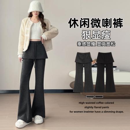 FA51762# 加厚加绒抽绳假两件纽扣皮帘裤修身休闲高腰显瘦阔腿微喇裤 服裝批發女裝批發服飾貨源