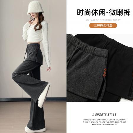 FA51762# 加厚加绒抽绳假两件纽扣皮帘裤修身休闲高腰显瘦阔腿微喇裤 服裝批發女裝批發服飾貨源