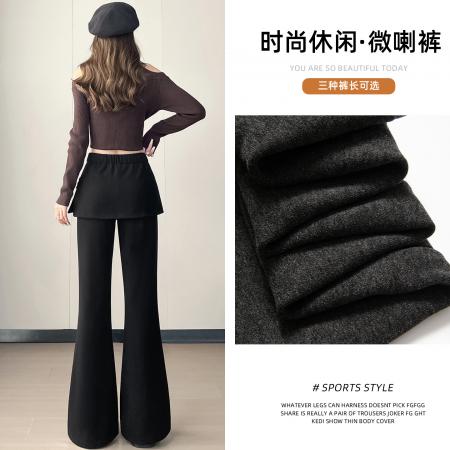 FA51762# 加厚加绒抽绳假两件纽扣皮帘裤修身休闲高腰显瘦阔腿微喇裤 服裝批發女裝批發服飾貨源