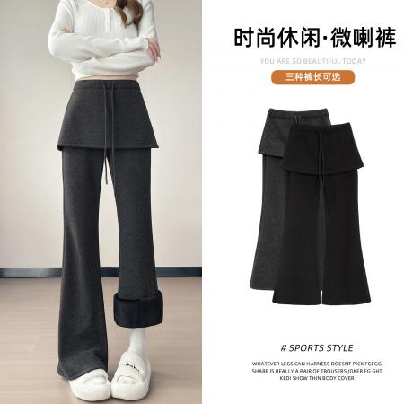 FA51762# 加厚加绒抽绳假两件纽扣皮帘裤修身休闲高腰显瘦阔腿微喇裤 服裝批發女裝批發服飾貨源