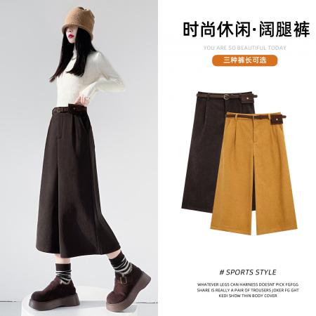 FA51763# 秋冬加绒加厚灯芯绒七分配皮带裤休闲松紧高腰显瘦百搭阔腿 服裝批發女裝批發服飾貨源