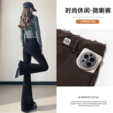FA51764# 秋冬加绒加厚保暖蕾丝拼接微喇叭显瘦显腿长修身弹力马蹄裤 服裝批發女裝批發服飾貨源