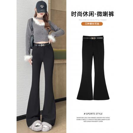 FA51765# 秋冬黑色加绒微喇裤保暖不鼓包高腰显瘦小个子垂感马蹄裤 服裝批發女裝批發服飾貨源