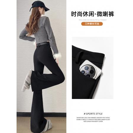 FA51765# 秋冬黑色加绒微喇裤保暖不鼓包高腰显瘦小个子垂感马蹄裤 服裝批發女裝批發服飾貨源