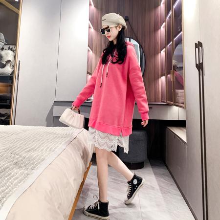 FA51766# 连帽卫衣女中长款连衣裙假两件宽松加肥胖mm大码女装230斤 服裝批發女裝批發服飾貨源