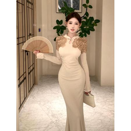 FA51769# 新中式旗袍针织长袖连衣裙女秋冬内搭气质收腰 服裝批發女裝批發服飾貨源