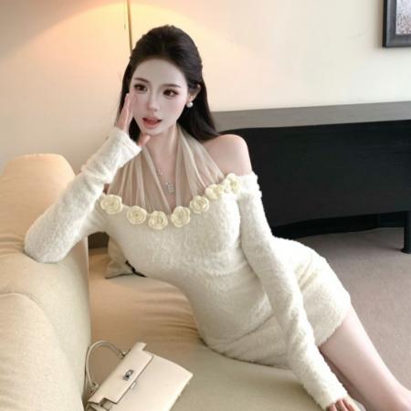 FA51770# 性感网纱拼接长袖女秋季新款修身显瘦露肩辣妹包臀连衣裙 服裝批發女裝批發服飾貨源