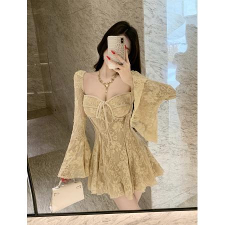 FA51771# 纯欲蕾丝刺绣方领长袖短款连衣裙生日礼服约会裙 服裝批發女裝批發服飾貨源