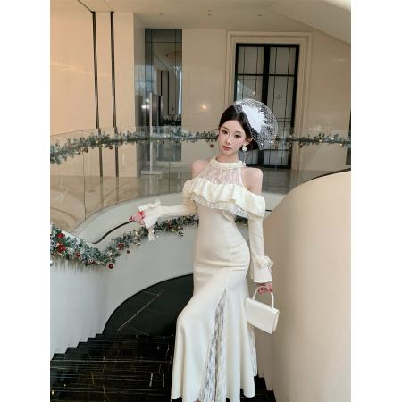 FA51773# 蕾丝拼接露肩长袖连衣裙优雅气质收腰鱼尾长裙 服裝批發女裝批發服飾貨源