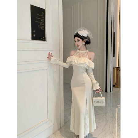 FA51773# 蕾丝拼接露肩长袖连衣裙优雅气质收腰鱼尾长裙 服裝批發女裝批發服飾貨源