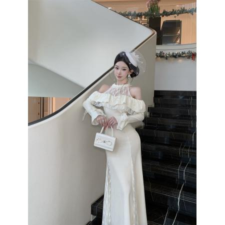 FA51773# 蕾丝拼接露肩长袖连衣裙优雅气质收腰鱼尾长裙 服裝批發女裝批發服飾貨源