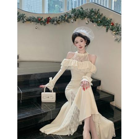 FA51773# 蕾丝拼接露肩长袖连衣裙优雅气质收腰鱼尾长裙 服裝批發女裝批發服飾貨源