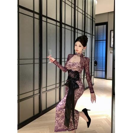FA51774# 性感风紫色蕾丝挂脖长袖连衣裙女收腰系带包臀长裙 服裝批發女裝批發服飾貨源