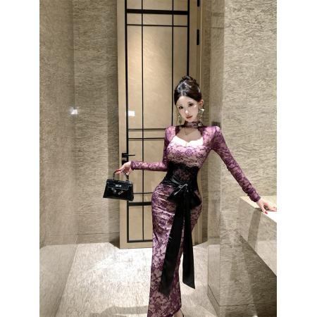 FA51774# 性感风紫色蕾丝挂脖长袖连衣裙女收腰系带包臀长裙 服裝批發女裝批發服飾貨源