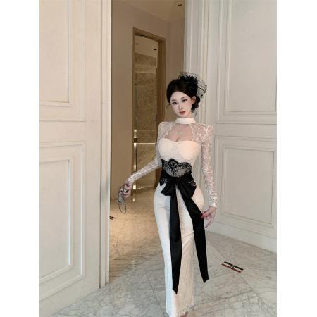 FA51774# 性感风紫色蕾丝挂脖长袖连衣裙女收腰系带包臀长裙 服裝批發女裝批發服飾貨源