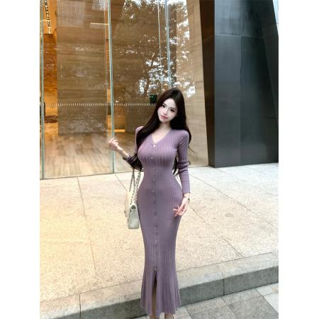 FA51775# 丁香情愫V领针织紫色连衣裙冬鱼尾圣诞包臀裙 服裝批發女裝批發服飾貨源