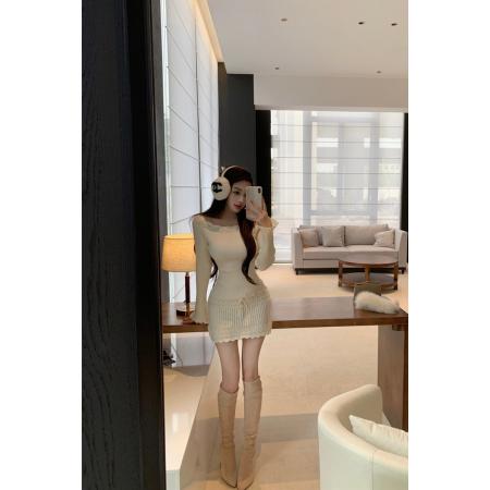 FA51776# 浪漫时分气质长袖花边针织连衣裙 服裝批發女裝批發服飾貨源