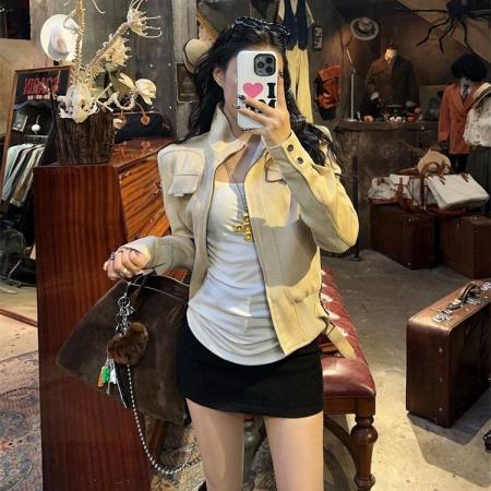 FA51778# 复古鹿皮绒立领长袖夹克外套女秋季美式机车服宽松设计感气质上衣 服裝批發女裝批發服飾貨源