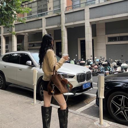 FA51778# 复古鹿皮绒立领长袖夹克外套女秋季美式机车服宽松设计感气质上衣 服裝批發女裝批發服飾貨源