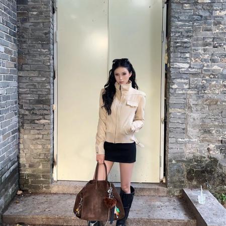 FA51778# 复古鹿皮绒立领长袖夹克外套女秋季美式机车服宽松设计感气质上衣 服裝批發女裝批發服飾貨源