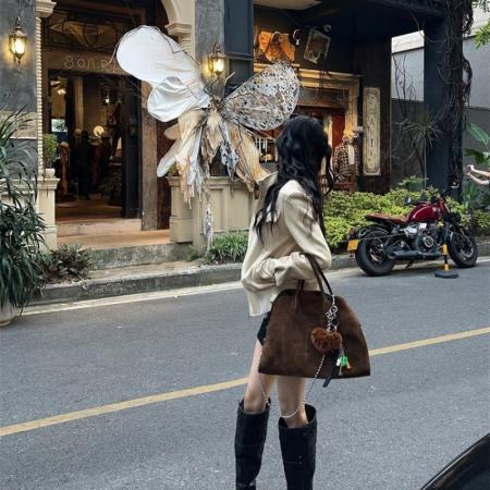 FA51778# 复古鹿皮绒立领长袖夹克外套女秋季美式机车服宽松设计感气质上衣 服裝批發女裝批發服飾貨源