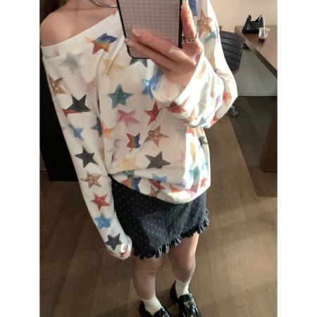 FA51779# +原版质量软糖星星灯长袖T恤新款巨好看斜肩上衣 服裝批發女裝批發服飾貨源