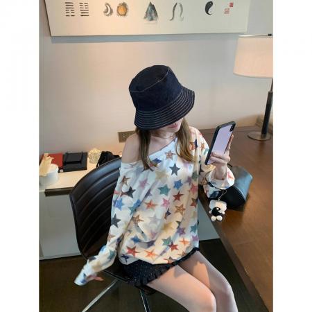 FA51779# +原版质量软糖星星灯长袖T恤新款巨好看斜肩上衣 服裝批發女裝批發服飾貨源