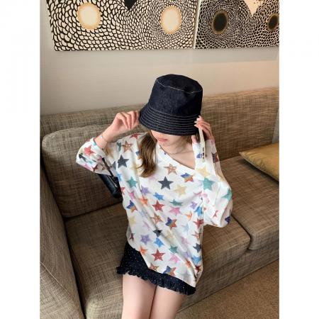 FA51779# +原版质量软糖星星灯长袖T恤新款巨好看斜肩上衣 服裝批發女裝批發服飾貨源