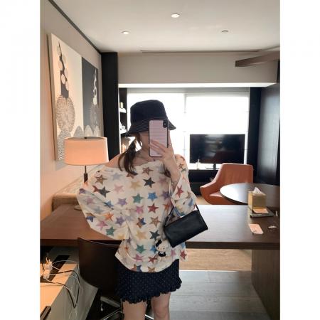 FA51779# +原版质量软糖星星灯长袖T恤新款巨好看斜肩上衣 服裝批發女裝批發服飾貨源