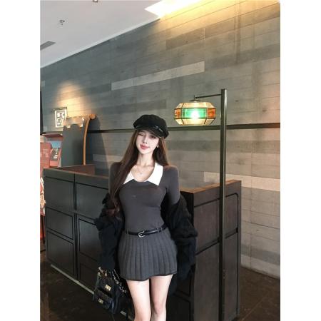 FA51783# 韩国学院风拼接假两件翻领针织毛衣连衣裙女秋冬撞色收腰a字短裙 服裝批發女裝批發服飾貨源