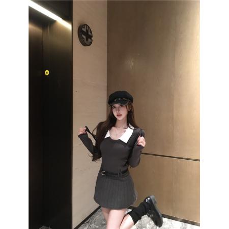 FA51783# 韩国学院风拼接假两件翻领针织毛衣连衣裙女秋冬撞色收腰a字短裙 服裝批發女裝批發服飾貨源