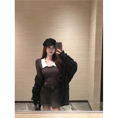 FA51783# 韩国学院风拼接假两件翻领针织毛衣连衣裙女秋冬撞色收腰a字短裙 服裝批發女裝批發服飾貨源