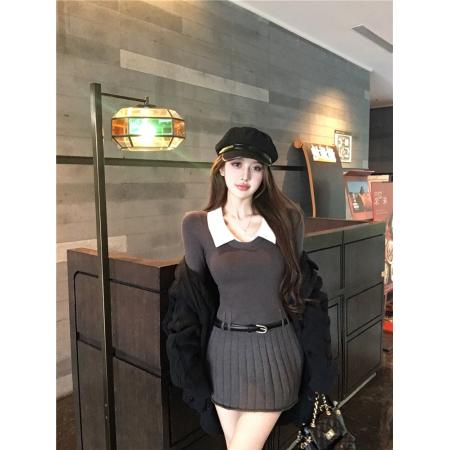 FA51783# 韩国学院风拼接假两件翻领针织毛衣连衣裙女秋冬撞色收腰a字短裙 服裝批發女裝批發服飾貨源
