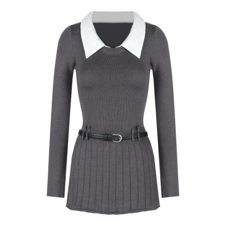 FA51783# 韩国学院风拼接假两件翻领针织毛衣连衣裙女秋冬撞色收腰a字短裙 服裝批發女裝批發服飾貨源