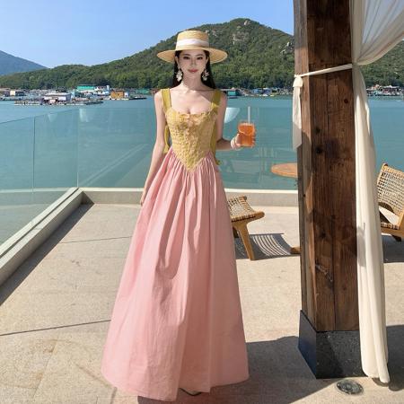 FA51785# 拼接撞色复古挂脖吊带连衣裙 服裝批發女裝批發服飾貨源