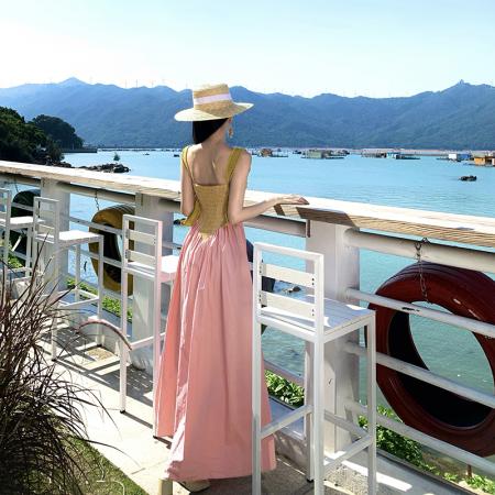 FA51785# 拼接撞色复古挂脖吊带连衣裙 服裝批發女裝批發服飾貨源