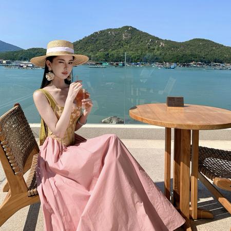 FA51785# 拼接撞色复古挂脖吊带连衣裙 服裝批發女裝批發服飾貨源