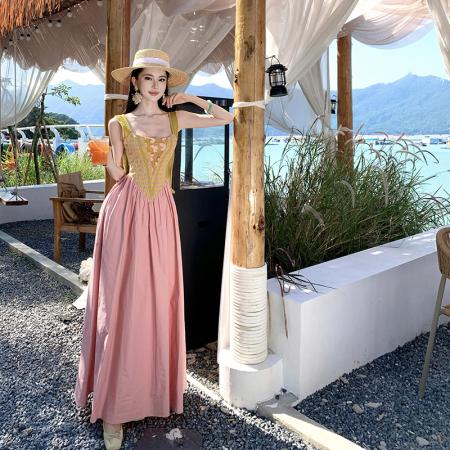 FA51785# 拼接撞色复古挂脖吊带连衣裙 服裝批發女裝批發服飾貨源